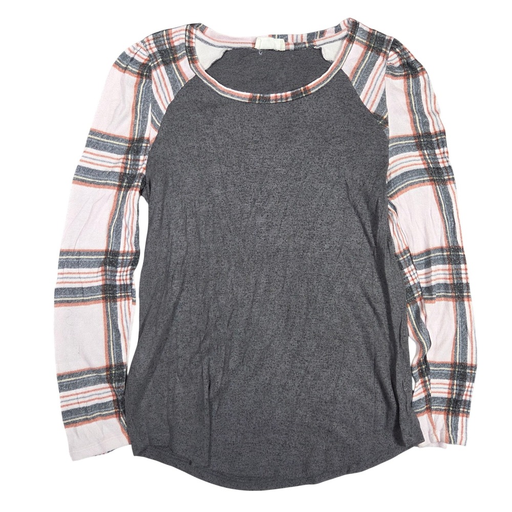 Maurices 24/7 Womens Small Raglan Top Grey Pink Plaid Long Sleeve Tee Boho